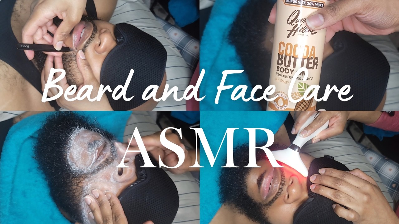ASMR  Facial Skincare | Massage | Tweezing | Beard Brushing | Red Light Therapy !!