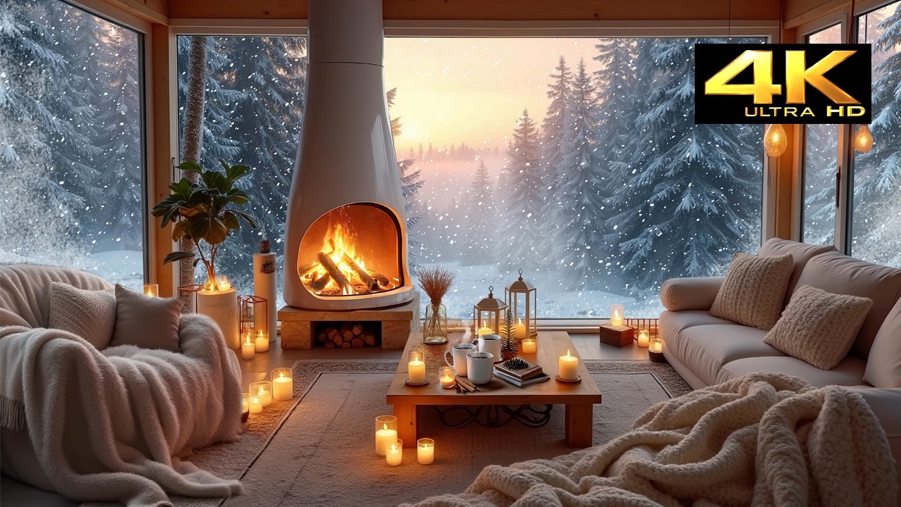 Golden Winter Sunset Cabin ❄️🔥 Warm Fireplace & Peaceful Reading