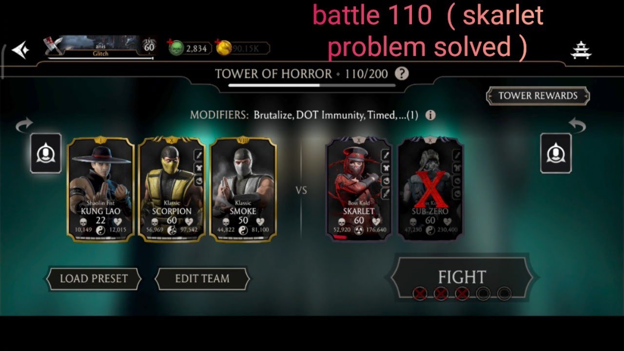 MK mobile , battle 110 Tower of Horror (skarlet problem solved )