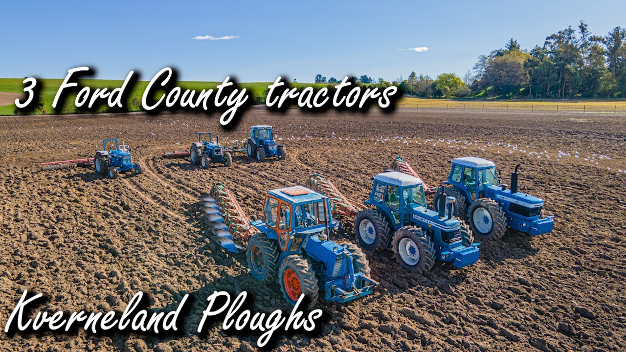 3 Ford County tractors ploughing with Kverneland Ploughs in NZ