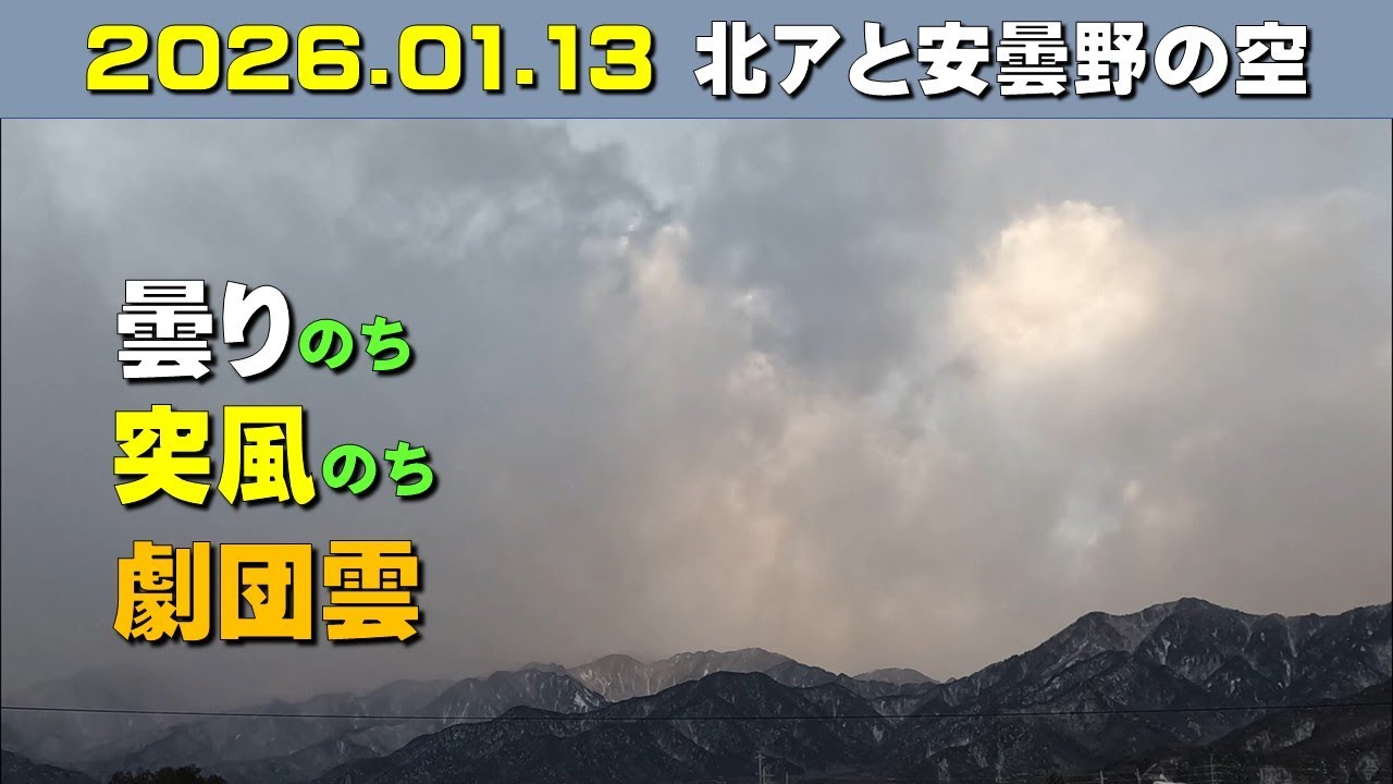 2026.01.13 北アルプス安曇野の空。朝昼-日没の眺め。餓鬼岳(毎日定点)