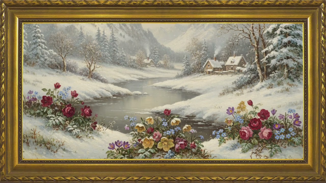 Vintage Oil Painting Early Spring Snow Gold Frame Art Screensaver 3 hours TV Art