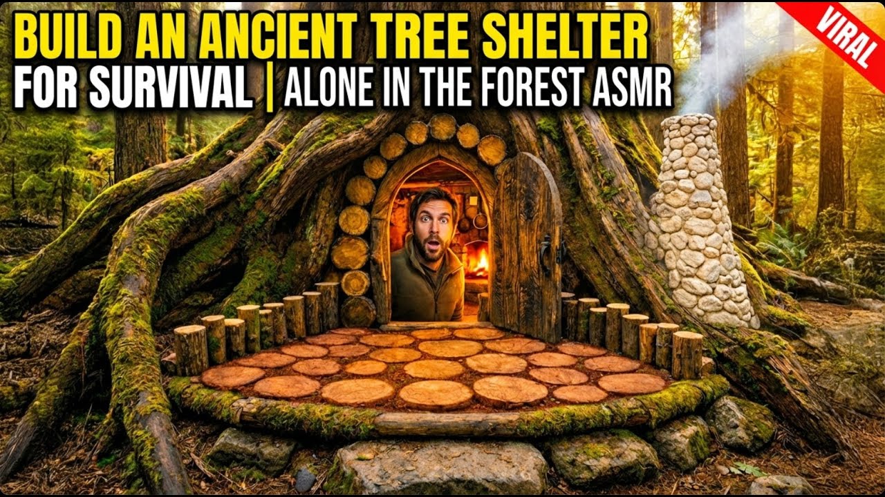 Build an Ancient Tree Shelter for Survival | Alone in the Forest ASMR - Primitive Forest Life ASMR
