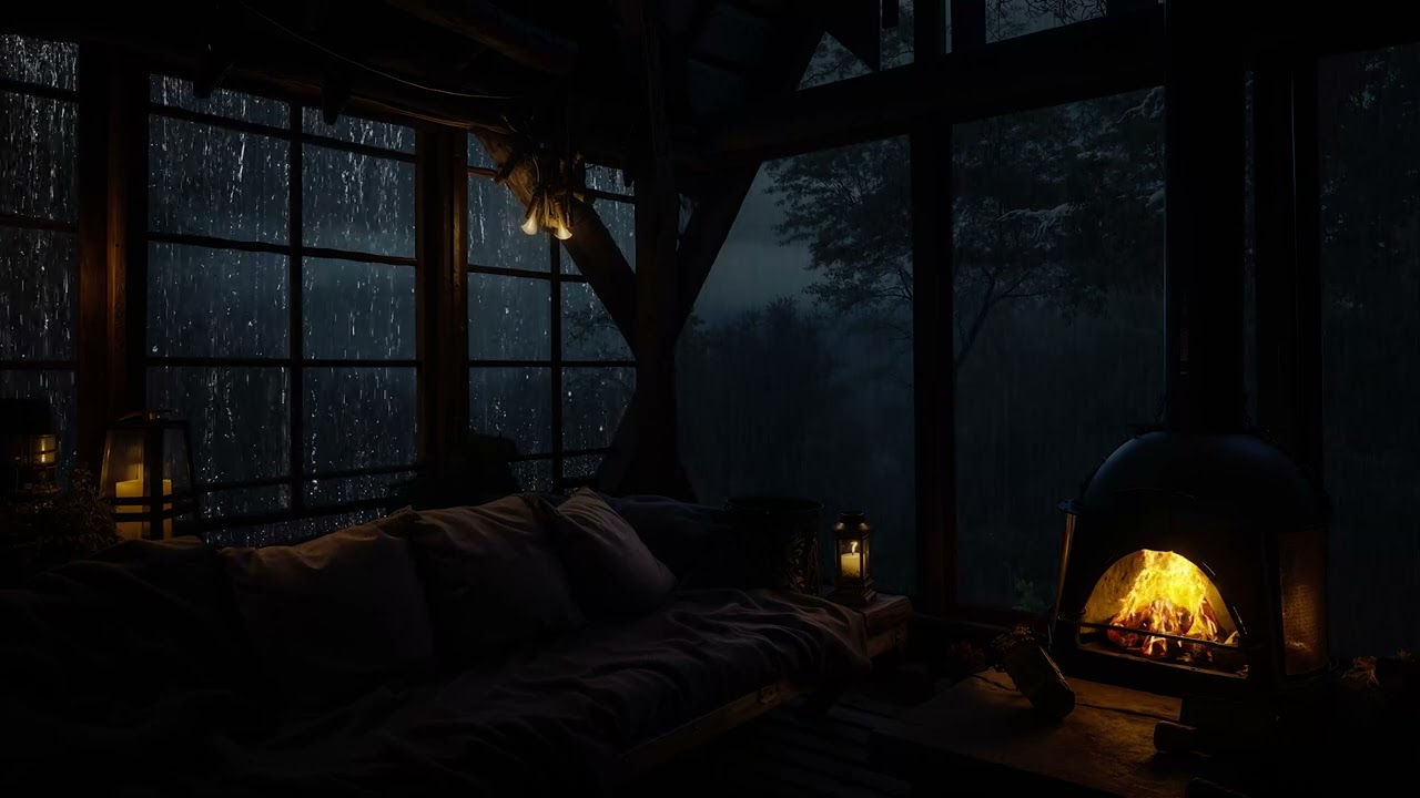 Cozy Night and Rainfall in The Forest Ambience | Rain and Fireplace Sounds in Cozy Cabin