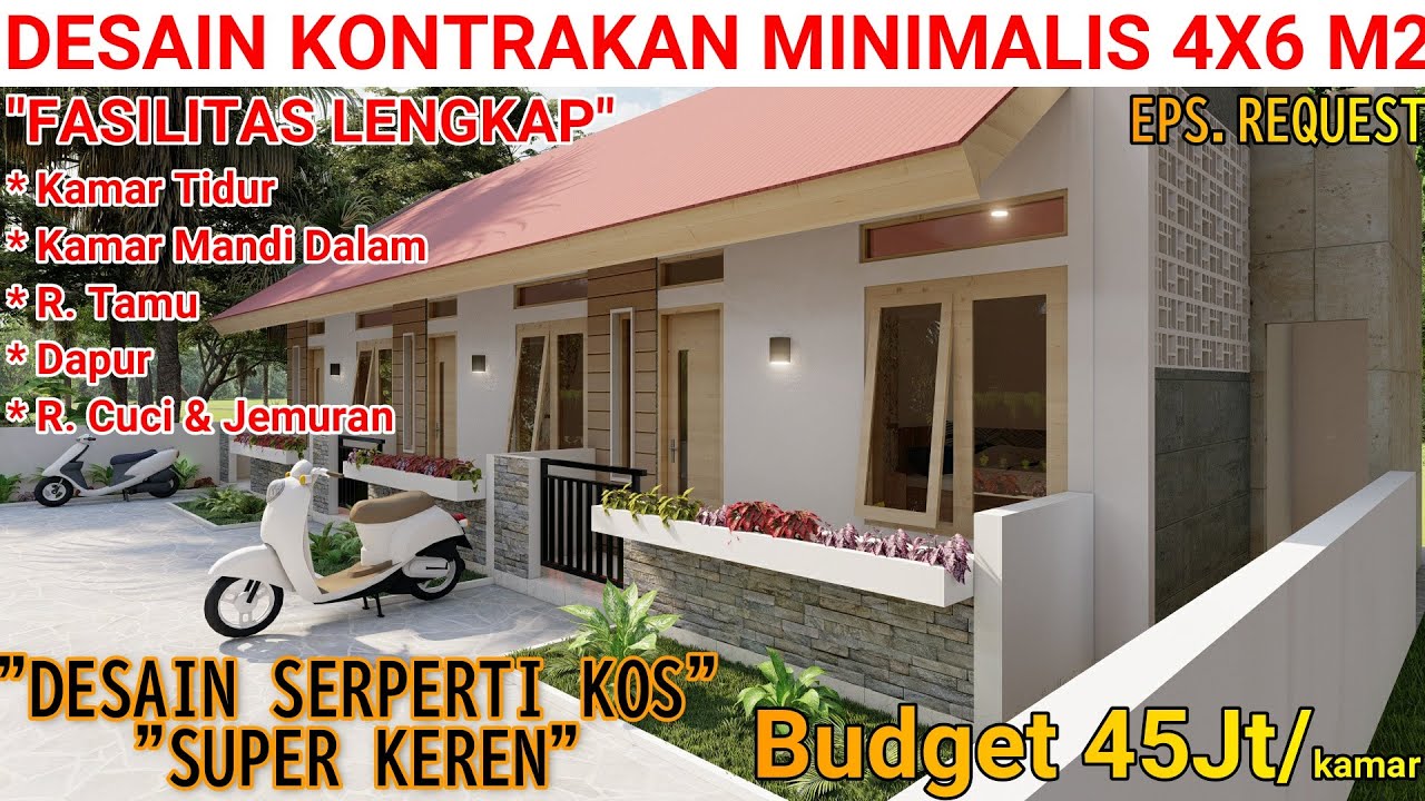 DESAIN KONTRAKAN MINIMALIS KEKINIAN 4X6 M2 || Kamar Mandi Dalam, Dapur, R. Tamu, T. Cuci & Jemuran