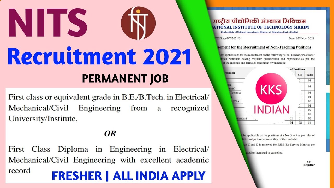 NITS Recruitment 2021 | Diploma B.tech | Fresher | Permanent Job | All India Job NIT Sikkim Vacancy