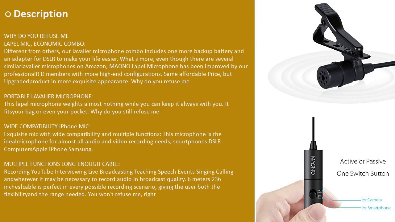 MAONO Lavalier Microphone, Hands Free Clip-on Lapel Mic with Omnidirectional Condenser for D Online