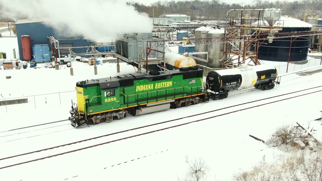 Indiana Eastern Railroad switching chemical plant in snow and chasing the train  highhood  GP38-2