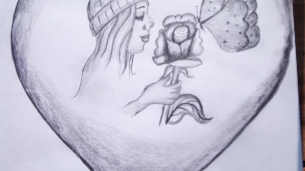 Sketching and drawing of cute little girl in the heart with butter fly and flowers.