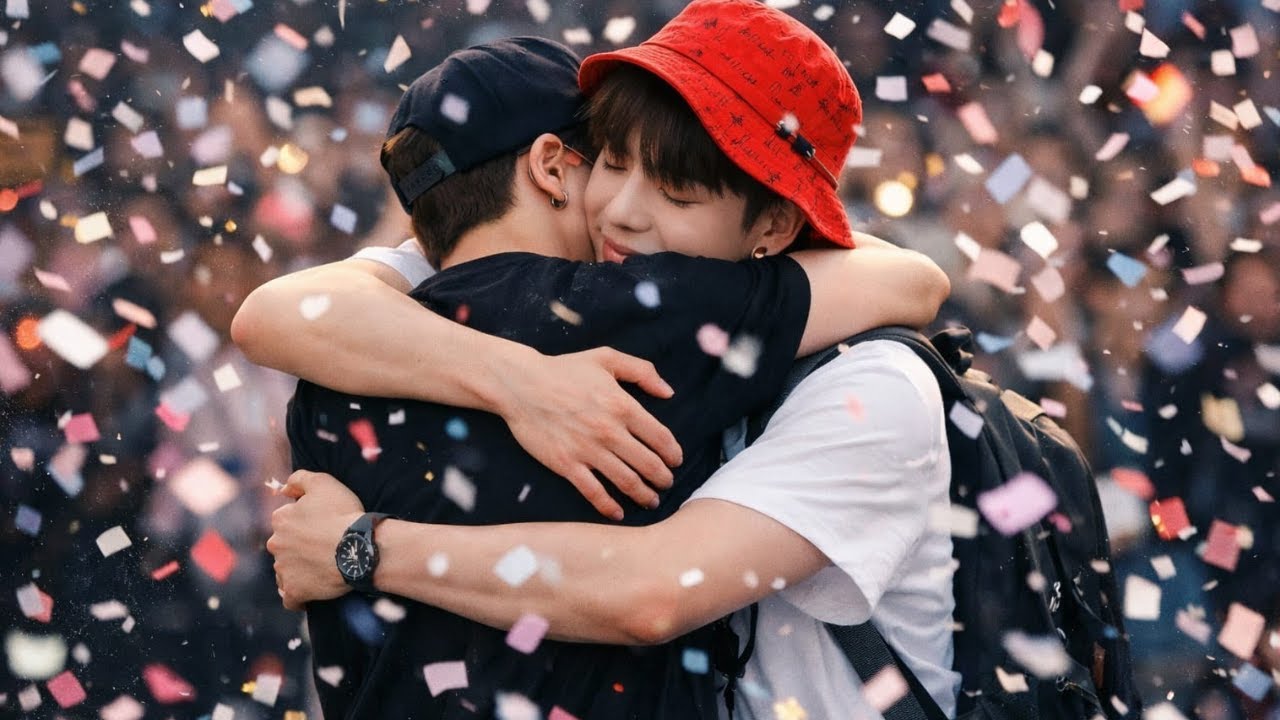 The confetti rain fell too fast-Jungkook pulled Jimin into a silent embrace as the world cheered 🎊🫂💗