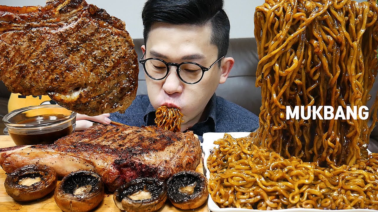 ASMR MUKBANGㅣTOMAHAWK STEAK🥩 & SPICY BLACK BEAN NOODLESㅣEATING SHOW