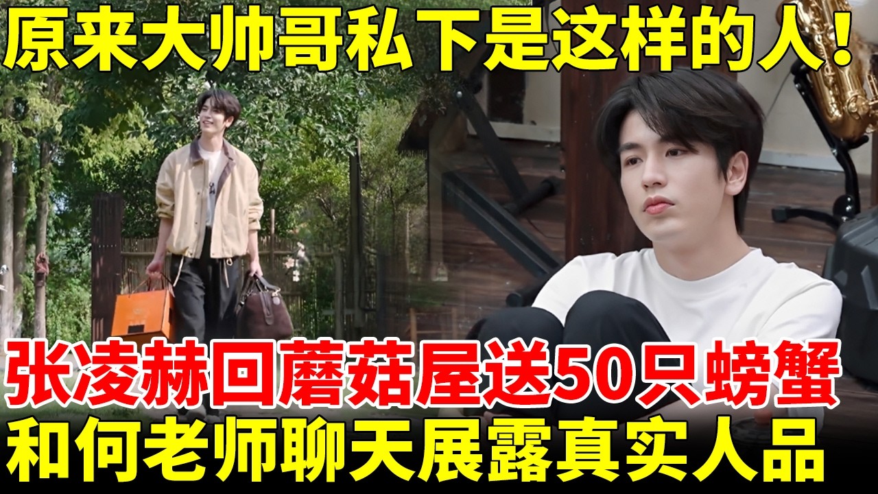 原来大帅哥私下是这样的人！张凌赫带50只螃蟹回蘑菇屋探亲，和何老师聊天展露真实人品，最后冥想也太搞笑了！#张凌赫 #逐玉