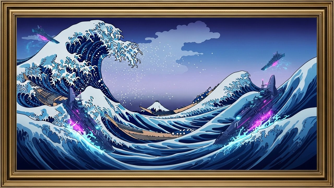Hokusai Sci Fi Waves  Futuristic Japanese Art 4K Wallpaper  Modern Great Wave Masterpiece