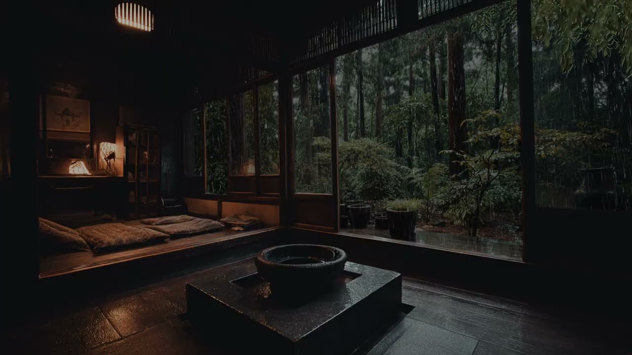 Gentle Midnight Rain Through Shoji Screens In A Serene Japanese Forest Room