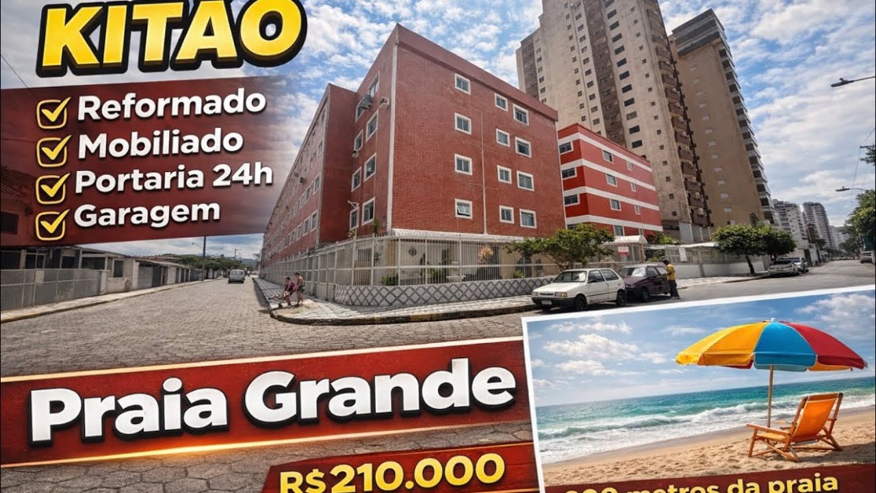 R$210.000 | KITÃO Mobiliado | 200 m mar | Portaria 24h | Garagem | Praia Grande. OPORTUNIDADE 