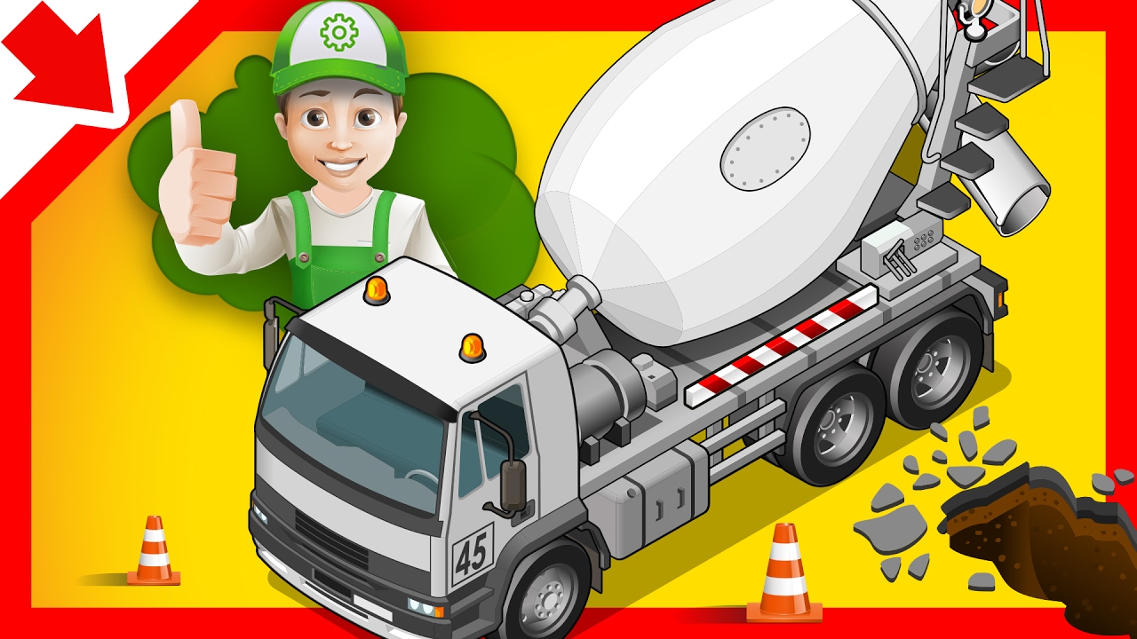 Desenhos animados betoneira. Betoneira para as crianças. Trator Escavadora Caminhão desenho animado