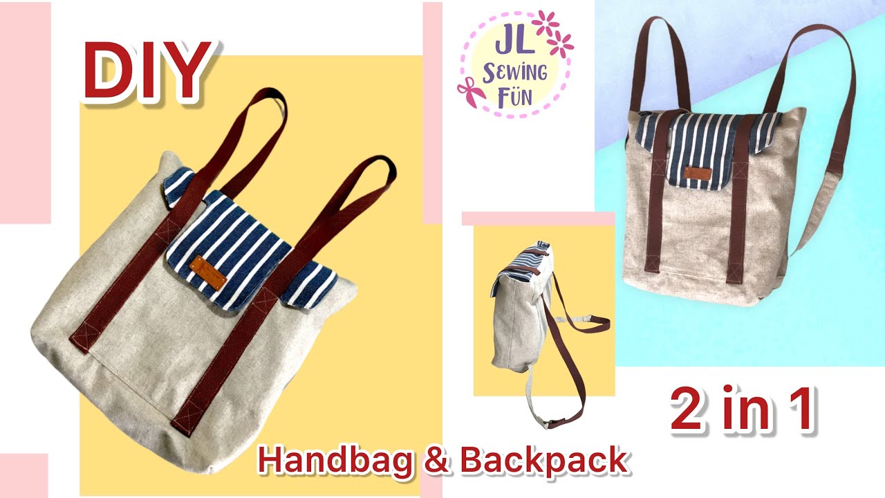 DIY - 2 in 1 Tote bag with varied shoulder strap | Burlap fabric + Printed fabric | bag tutorial ｜