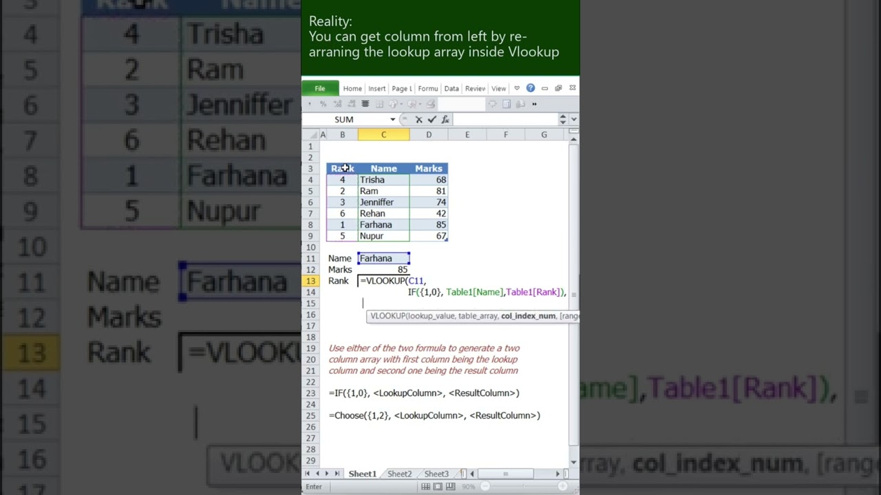 How to use Vlookup to pull data from columns to the left of your Lookup value?