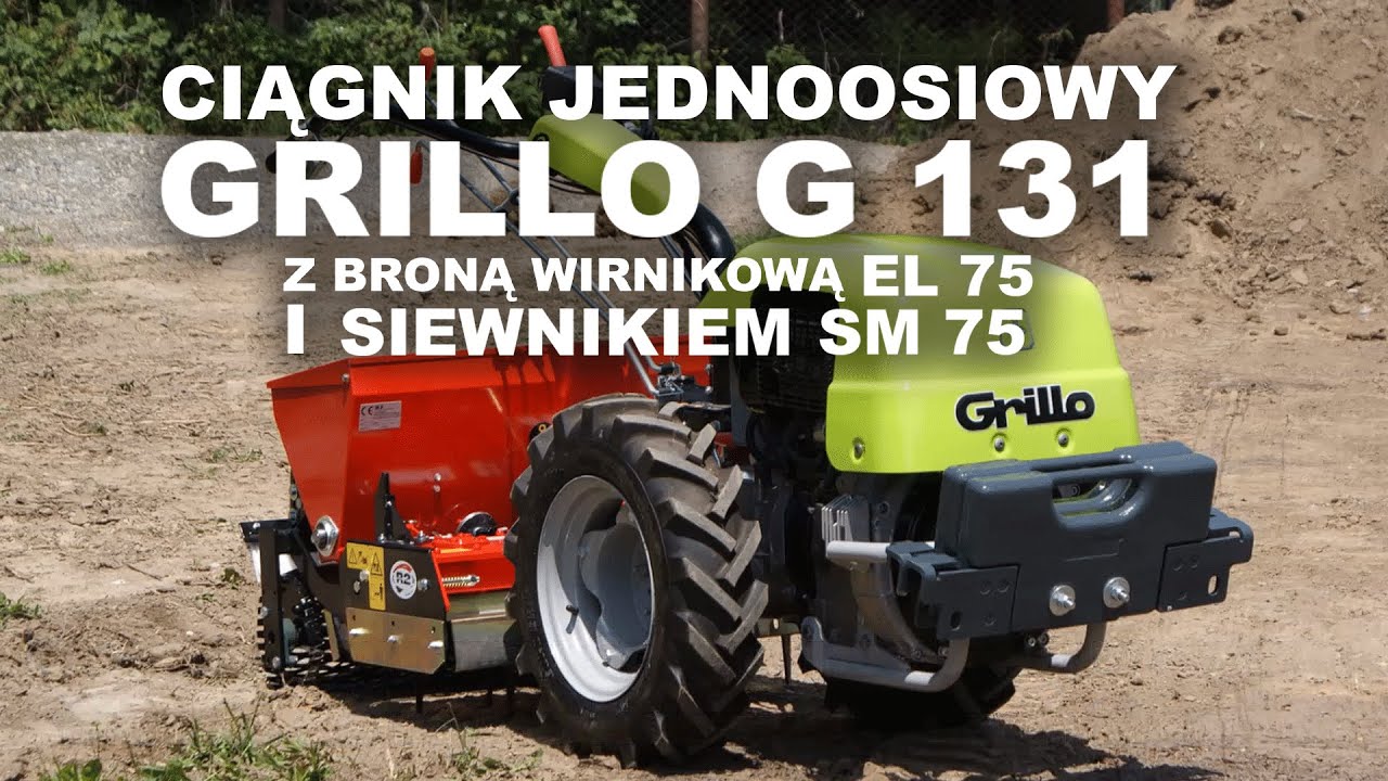 Ciągnik jednoosiowy Grillo G 131 z broną wirnikową EL 75 i siewnikiem SM 75