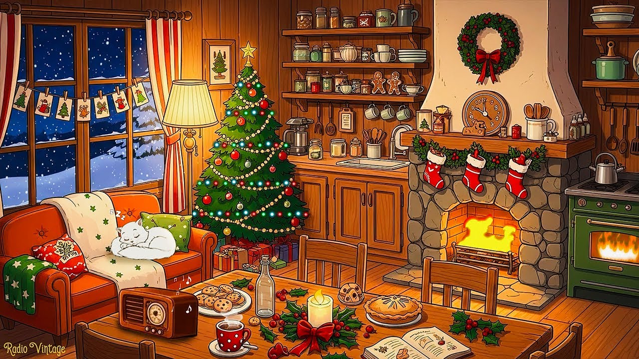 🎄holiday christmas ambience with crackling fireplace🔥1930s soft oldies playing in another room