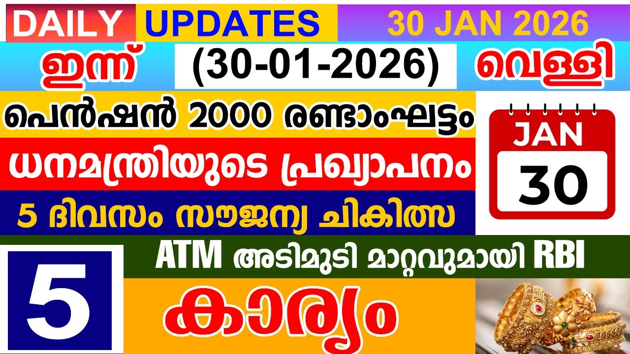 ഇന്ന്(2026 ജനുവരി 30 വെള്ളി) പെൻഷൻ രണ്ടാംഘട്ടം| 5 ദിവസം സൗജന്യ ചികിത്സ | ATM അടിമുടി മാറ്റമായി RBI