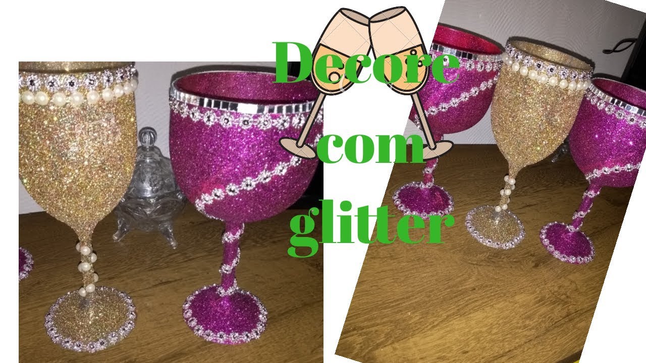 Decorando taças com glitter.