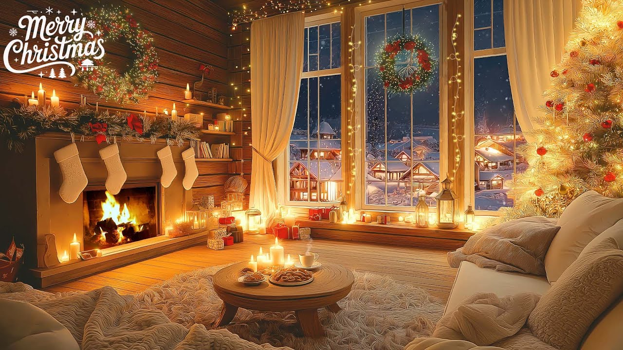 Relaxing Christmas Piano Music🎄Cozy Living Room with Snowfall & Fireplace for Relax, Study, Work