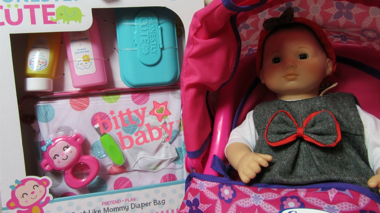 American Girl Bitty Baby doll +  NEW Honestly Cute Just Like Mommy Diaper Bag + Magic Sippy Set
