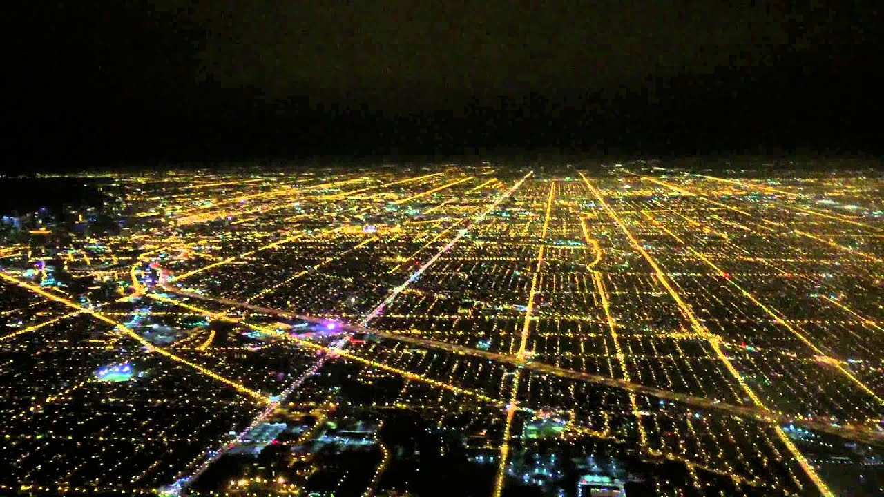 Clear Night Landing at Chicago O'Hare Over Skyline AA Boeing 767-300 11-2-14