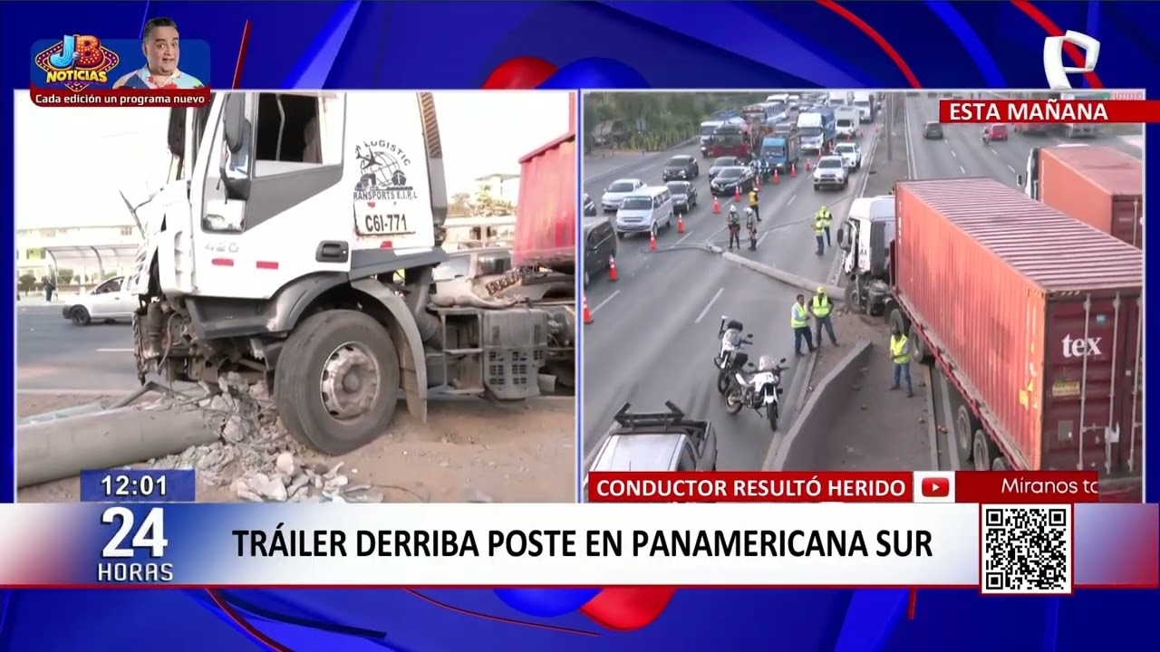Tráiler derriba poste en la Panamericana Sur: conductor quedó herido