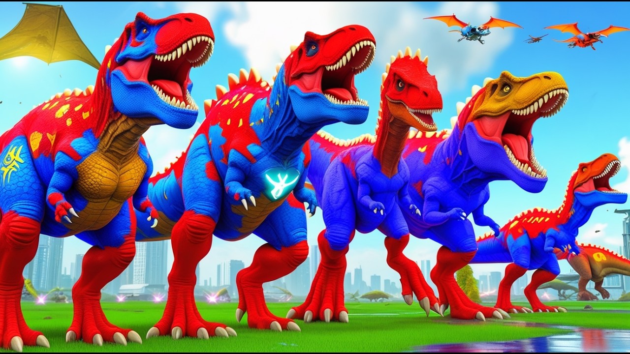 ALL SUPERHERO TEAM DINOSAURS in Jurassic World INDOMINUS REX VS SPINOSAURUS Final Battle T-Rex