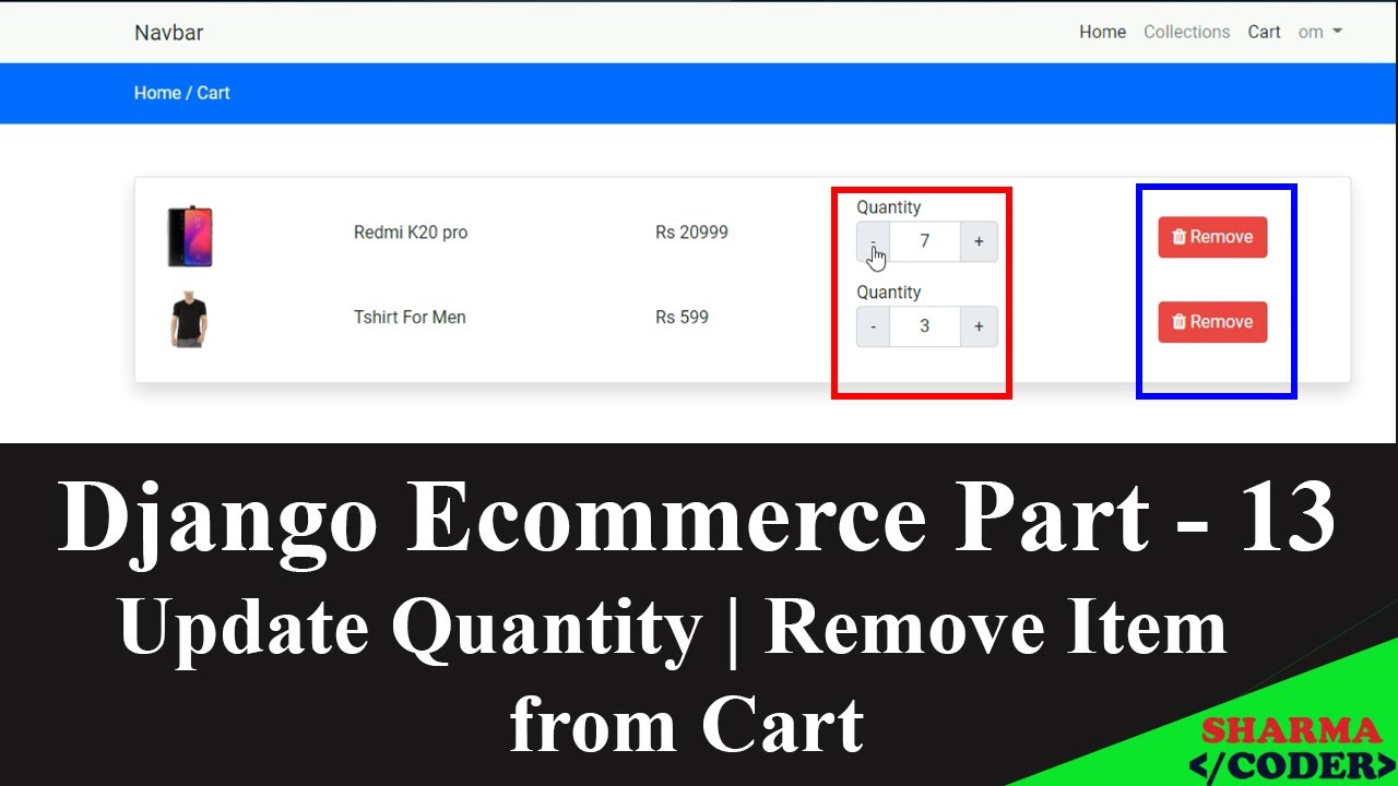 Django Ecom Part-13 | Update product quantity in cart and Remove cart item using jQuery AJAX