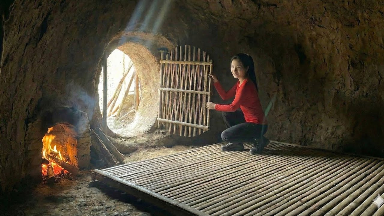 I Built A Survival Shelter Digging Earth | New Door, Fireplace And Bed