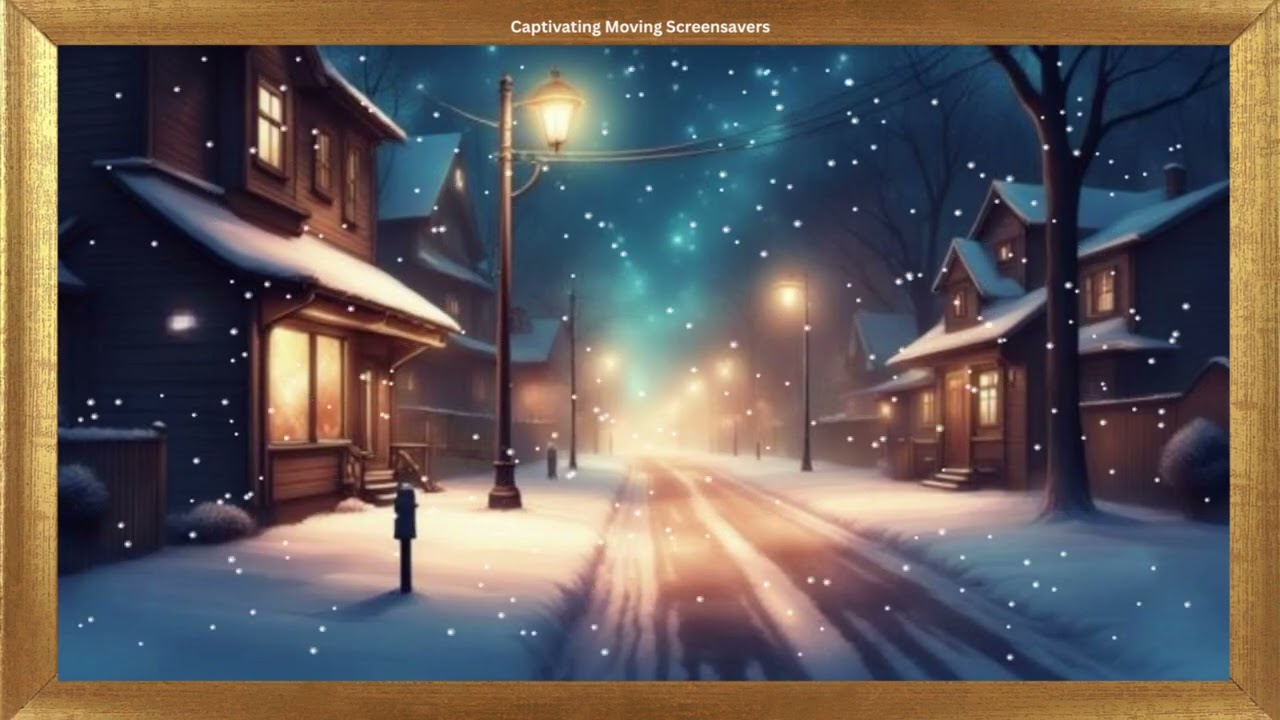 Snowy Street Scene at Night with Houses & Streetlights | Falling Snow | Framed Art | No Sound Video