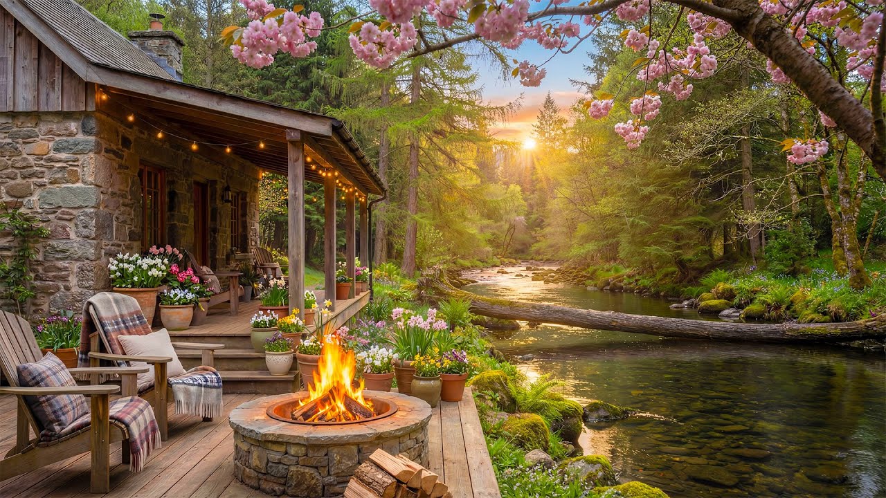 Peaceful Spring Morning Riverside Cabin Porch 🌸🔥 Fire Pit Sounds, Calm Birdsong & River Sounds