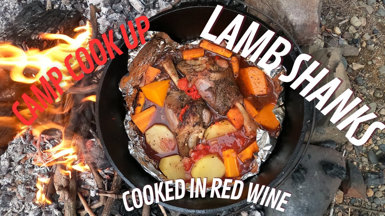 Camp cooking, Camp cookup. Lamb shanks, red wine and Veg in dutch oven at Barrington Tops. campfire