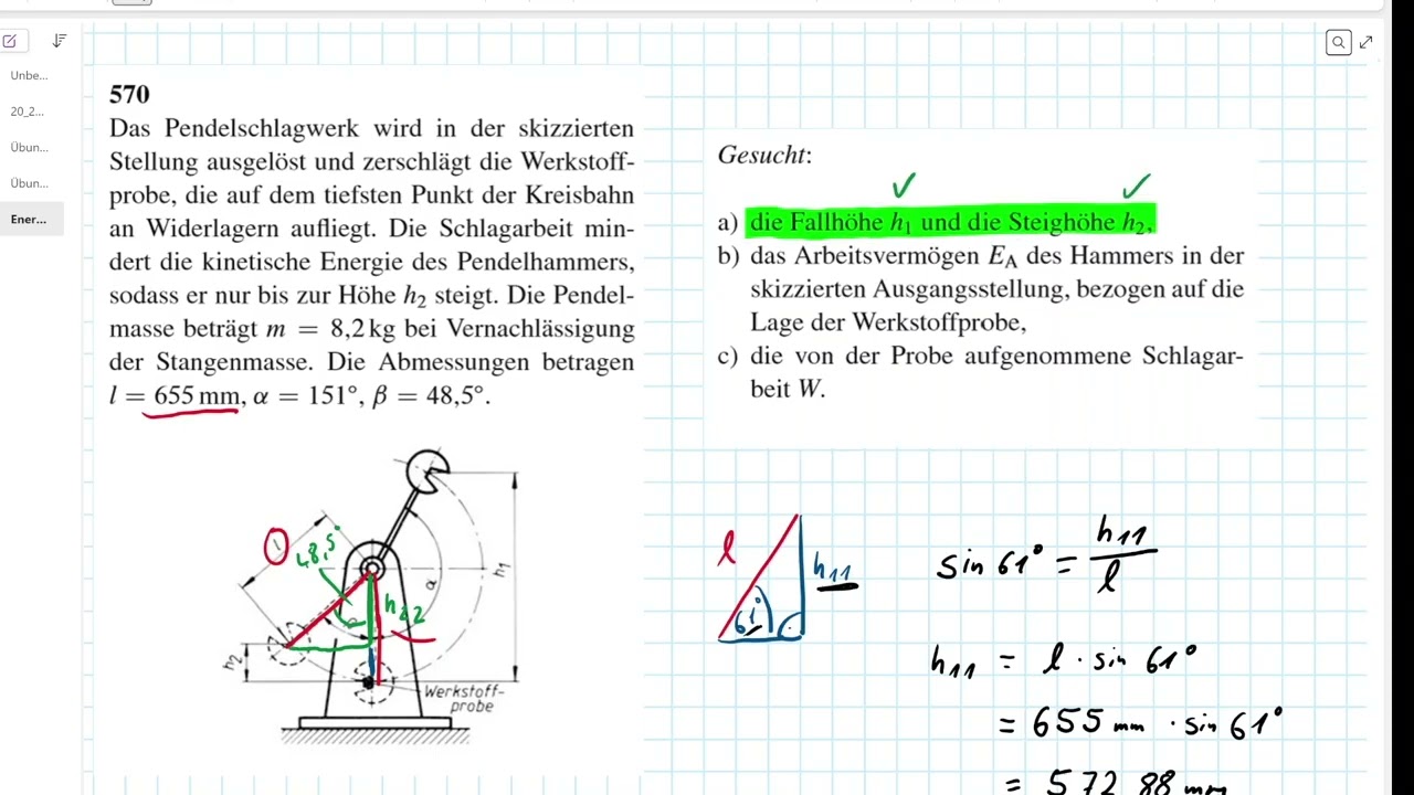 Energieerhaltung - Übung Kerbschlagarbeit (Aufgabensammlung Böge 570)