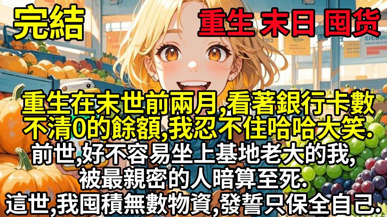 重生在末世前兩個月，看著銀行卡說不出0的餘額，哈哈大笑。前世，好不容易坐上基地老大的我，被最親密的人暗算至死。這世，我囤積無數物資，發誓只保全自己#末世紀元 #末世 #末世小說