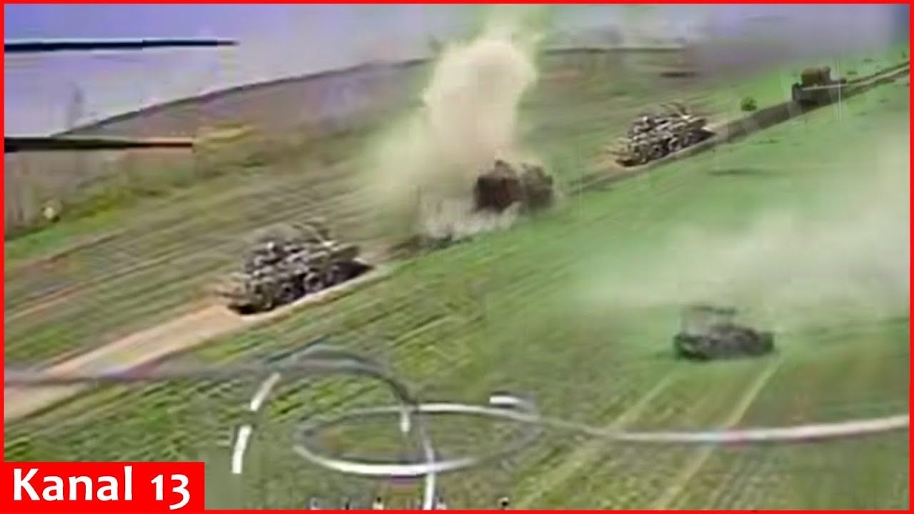 Ukrainian drones blow up Russian armored personnel carriers one by one in open area in Zaporozhia