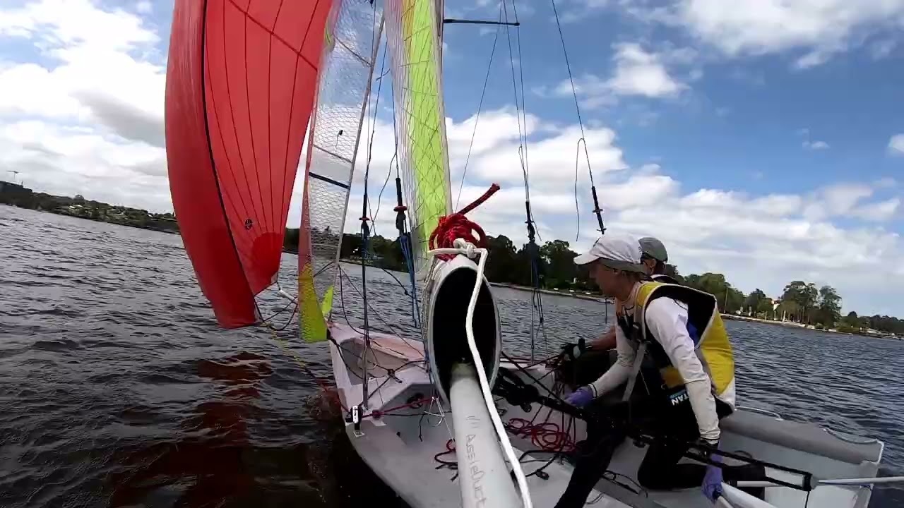 260123 #6 VJ12 Big Apple 5 Greg and Tegan at CRSC downwind spinnaker practice in light-moderate wind