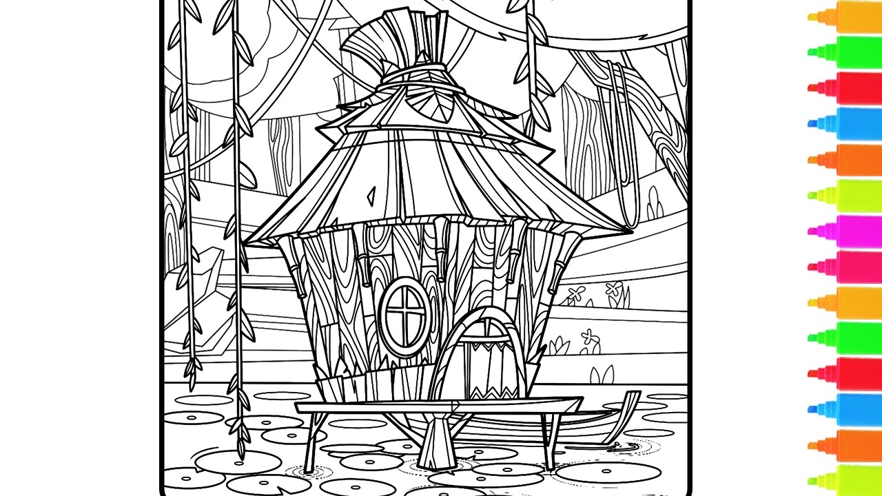 Coloring The Jungle Hut, Mushroom Hut, House & Garden | Coloring Book Pages