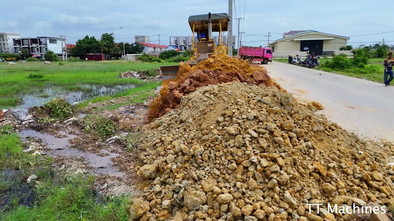 MIX3 Great Skills Job Filling Land Into Rice Field Use Dump Trucks Unloading & Dozer Push Stone Soil