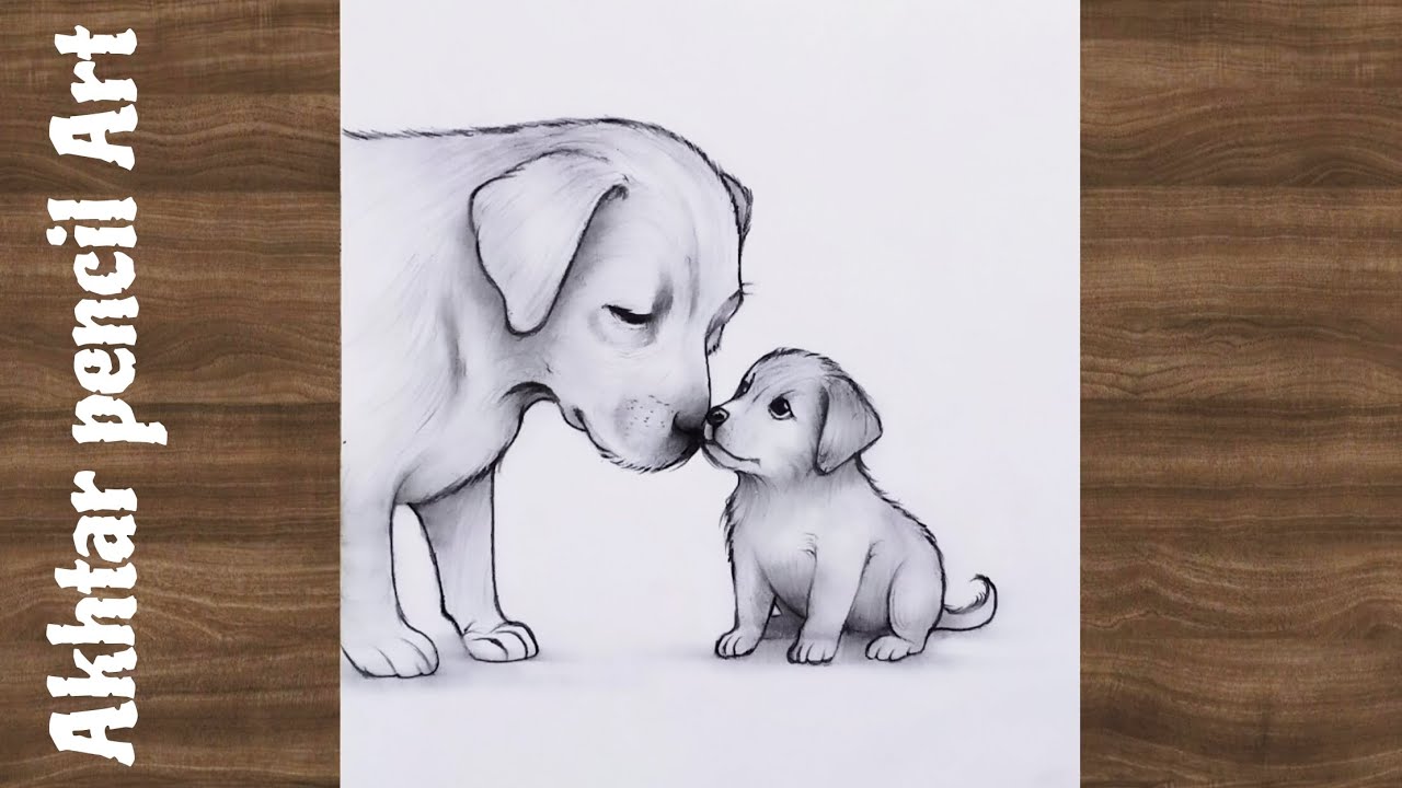 Cute Dog With Puppy Drawing , How To Draw A Dog With Puppy , Cute Animals Drawing Tutorial Easy 