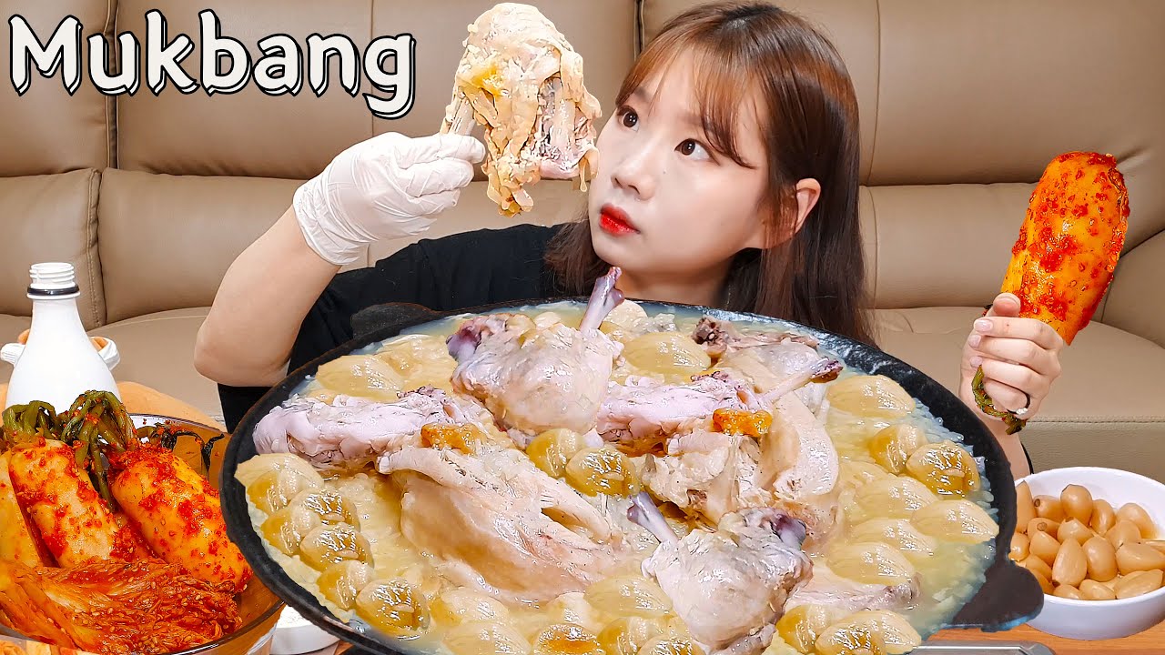 Sub)Real Mukbang - Вареная курица с чесноком  🧄 и рисовое вино 🍶   ASMR (корейская кухня)