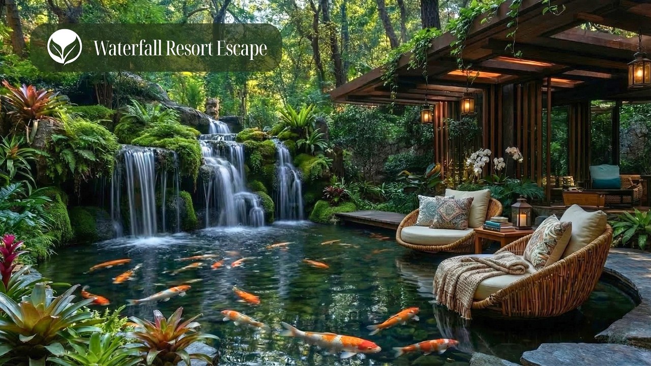 Tropical Waterfall Oasis: Koi Pond Ambience & Nature Sounds for Study and Rest