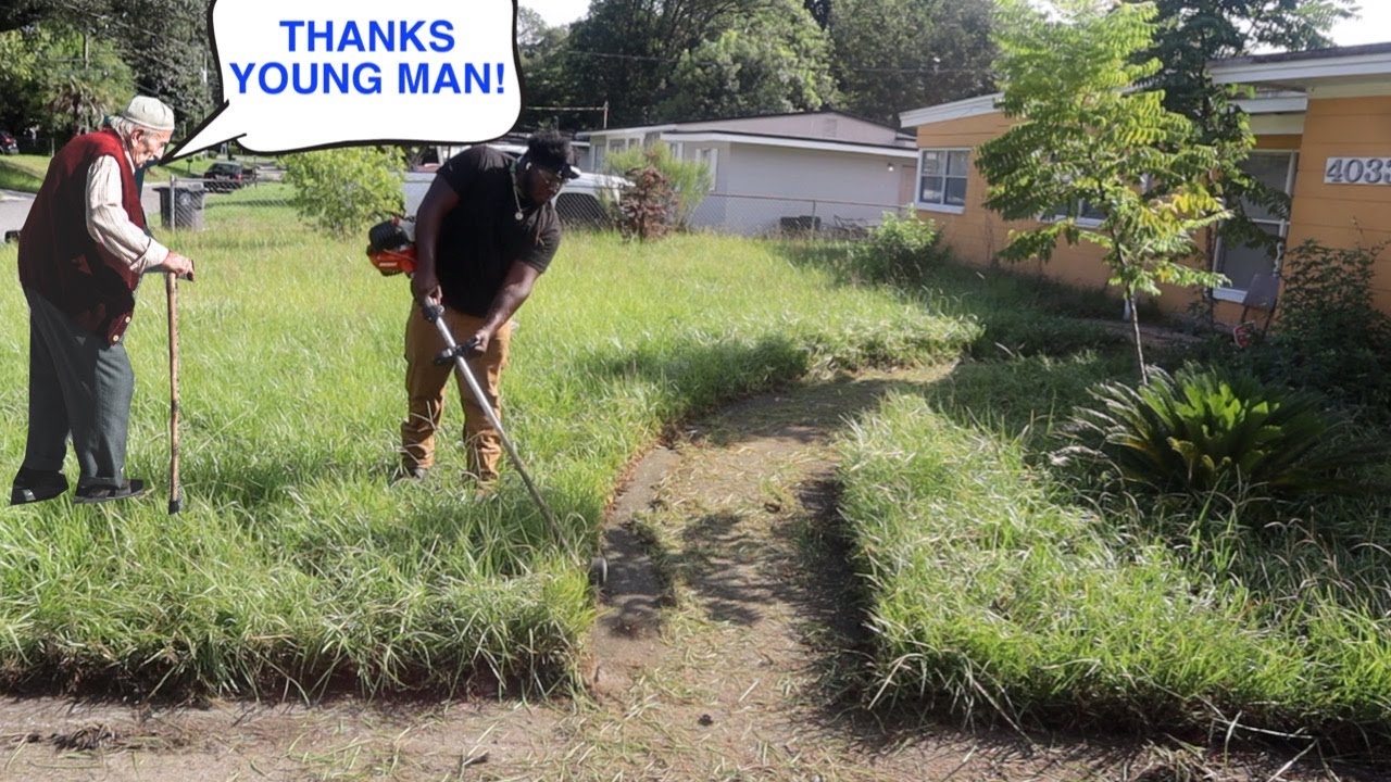 Elderly man could  NOT cut his OVERGROWN yard after surgery so I did... FOR FREE (INSANE EDGES)