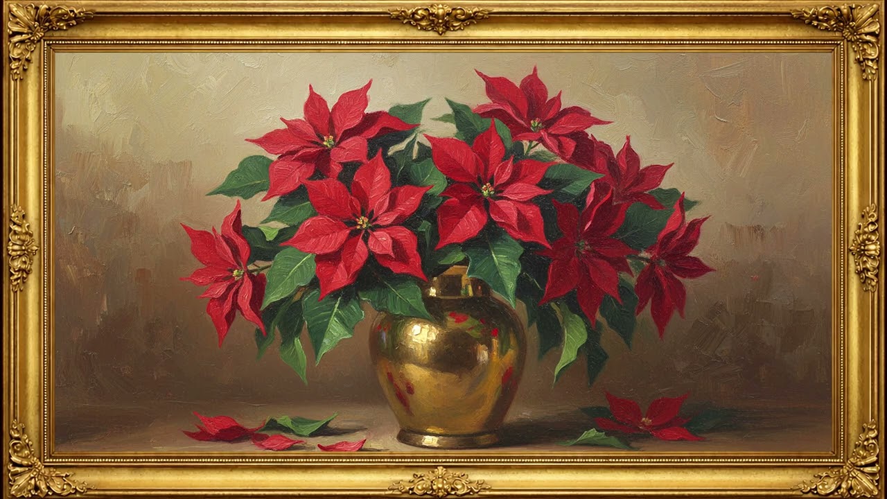 Classic Poinsettia Still Life 🌺 | Vintage Oil Painting Art | 4K Elegant Screensaver