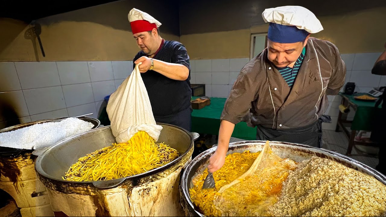 Samarkand pilaf in three big pots which was prepared with linseed oil