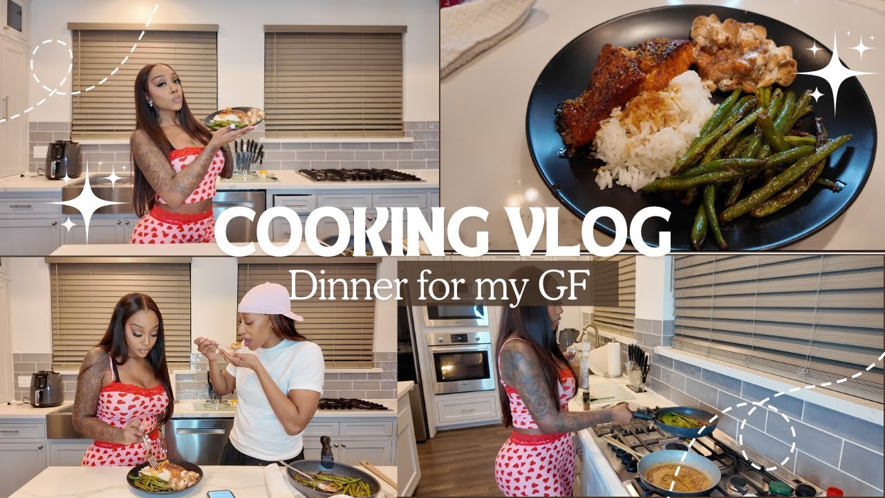COOK DINNER FOR MY BAE WITH ME | HONEY GLAZED SALMON, RICE, YAMS & GREEN BEANS !
