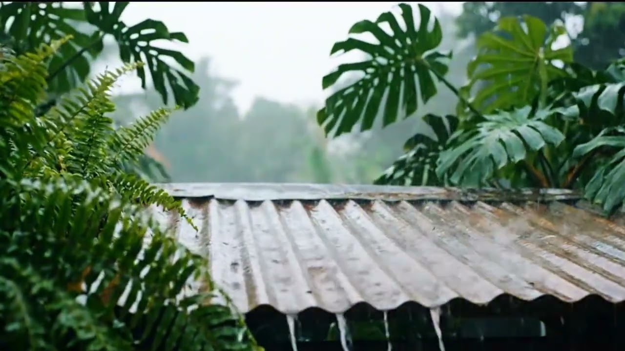 Tropical Rain on Tin Roof in Garden + Relaxing Piano Music